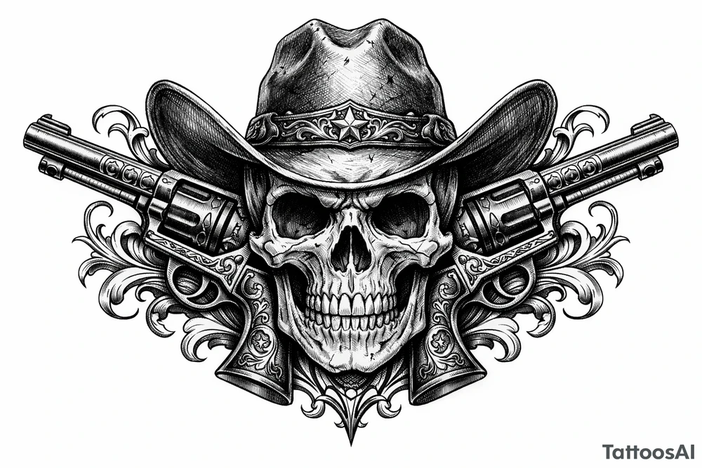 A skull in a cowboy hat, pistols emerging from the sides, detailed Western engraving. tattoo idea