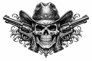 A skull in a cowboy hat, pistols emerging from the sides, detailed Western engraving. tattoo idea