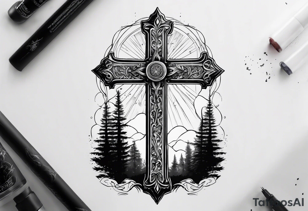 A cross at the end of the forest tattoo idea
