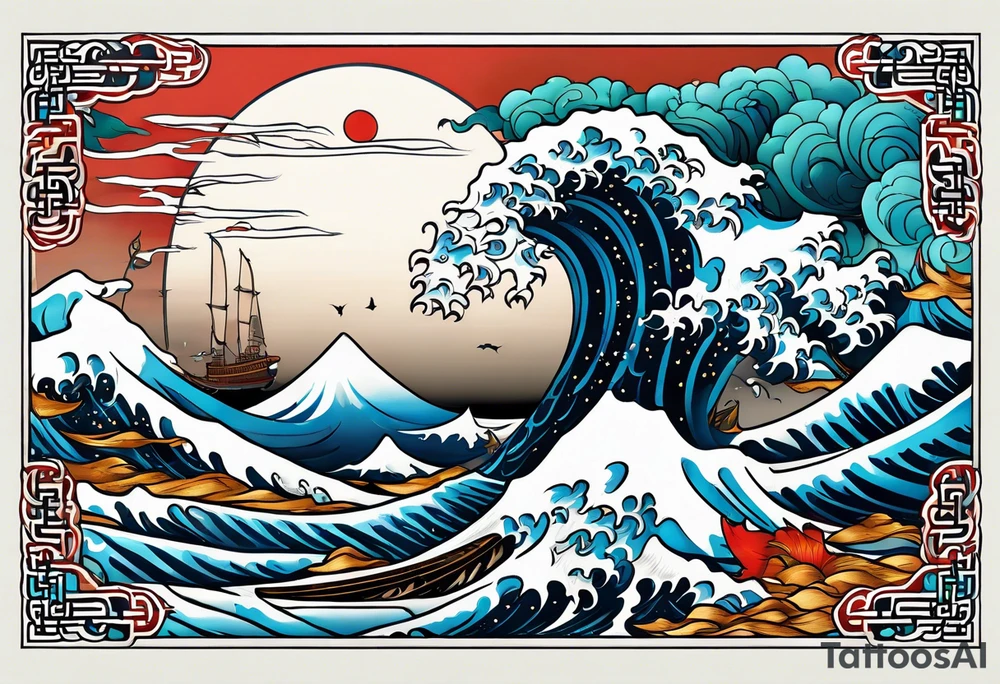 japanese wave mixed in celtic patterns equally. kamikaze plane tattoo idea