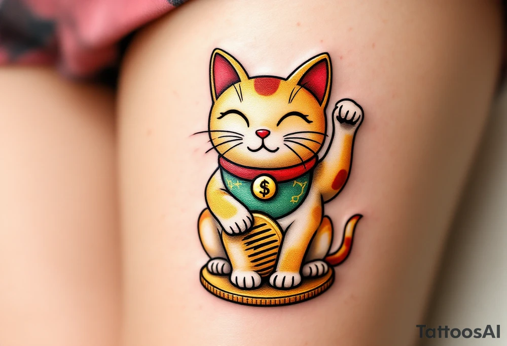 A golden maneki-neko (beckoning cat) with a red collar and green bib, sitting on a coin. tattoo idea
