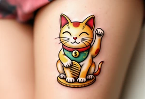 A golden maneki-neko (beckoning cat) with a red collar and green bib, sitting on a coin. tattoo idea
