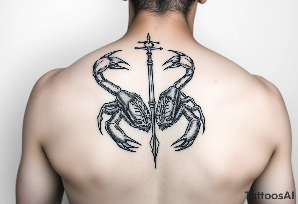 Dos poderosos escorpiones trepando por el cuerpo completo de la señora de la justicia ciega tattoo idea