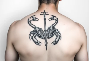 Dos poderosos escorpiones trepando por el cuerpo completo de la señora de la justicia ciega tattoo idea