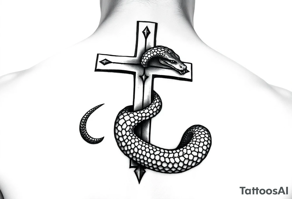 black and white drawing of a cross and a snake wrapped around it, leviathan cross, orthodox symbolism diesel punk, in hoc signo vinces, striking graphic illustration featuring a black cross engulfed by a snake, which forms an infinity loop. The snake is depicted with intricate scales and a menacing expression, coiling tightly around the vertical shaft of the cross. The overall composition is bold and simplistic tattoo idea