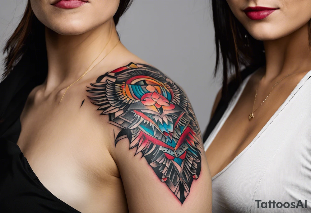 Wide tattoo that appears to be bursting out of the skin, symbolizing freedom. The tattoo should be vibrant and dynamic, with bold lines and colors that evoke a sense of liberation and empowerment. Consider incorporating elements such as broken chains, or other symbols of freedom. The tattoo should be visually striking and thought-provoking. tattoo idea