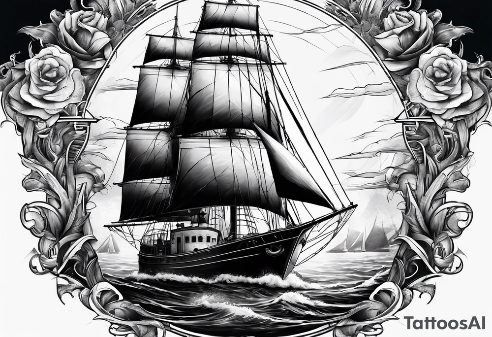 ghost marine lighthouse behind the bow of a sailboat. tattoo idea