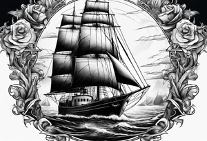 ghost marine lighthouse behind the bow of a sailboat. tattoo idea