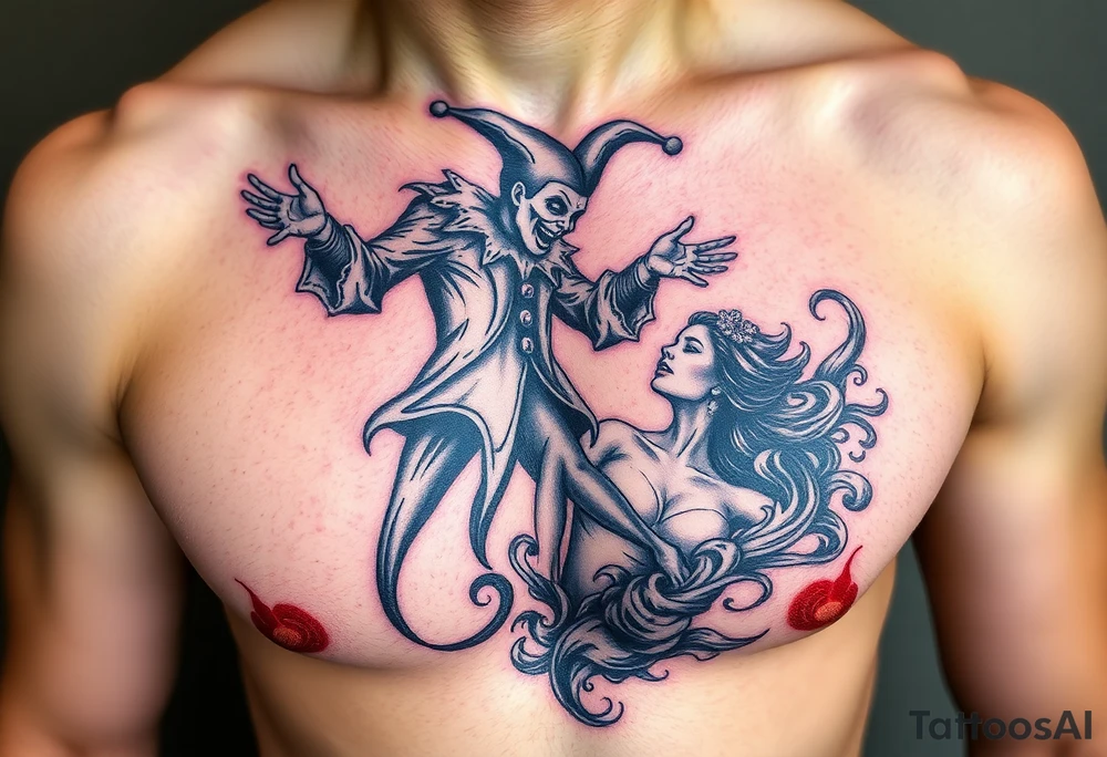 jester hovering over woman in smoke tattoo idea