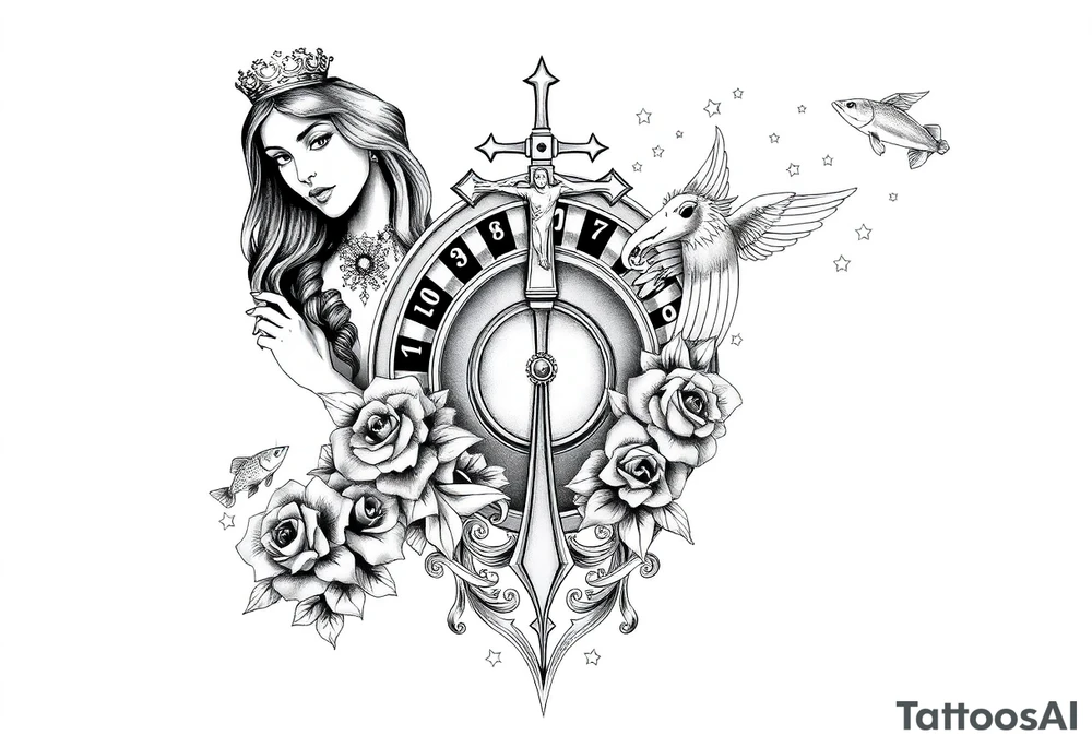 Roulette casino and princess and jesus on cross, baby angels, roses and clock and stars and fish, crown tattoo idea