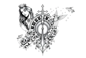 Roulette casino and princess and jesus on cross, baby angels, roses and clock and stars and fish, crown tattoo idea