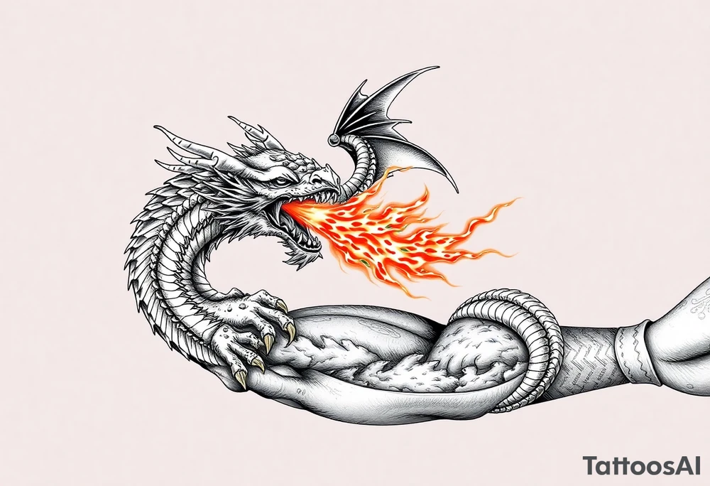 fierce dragon breathing iridescent fire against stormy skies tattoo idea