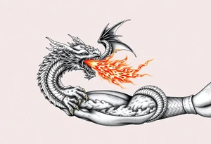 fierce dragon breathing iridescent fire against stormy skies tattoo idea