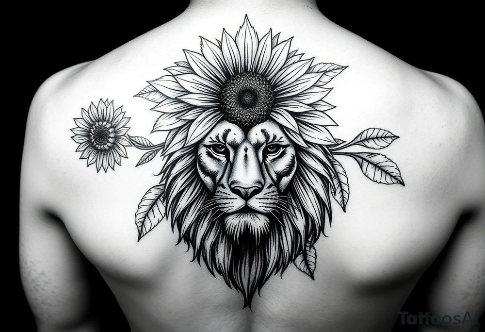 sunflower or multiple sunflowers and lion head on a womans upper arm tattoo idea
