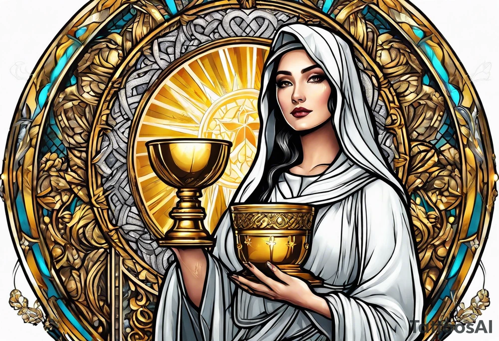 woman saint holding chalice surrounded by golden halo tattoo idea