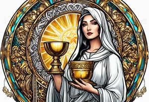 woman saint holding chalice surrounded by golden halo tattoo idea