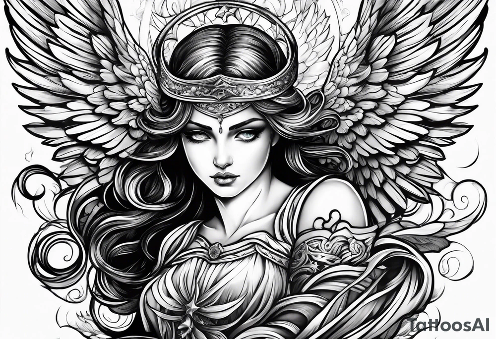 arm sleeve heaven at the top, angel
falling down hellfire at wrist tattoo idea