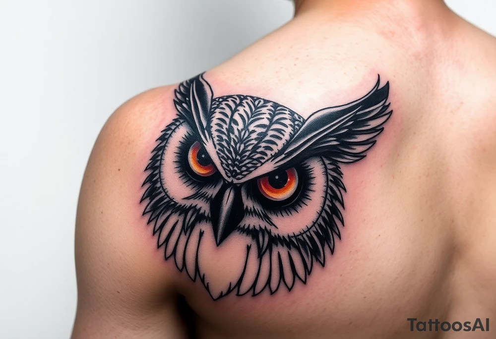 Biomechanics  large colored tripping eye owl head on the forearm tattoo idea