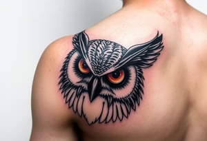 Biomechanics  large colored tripping eye owl head on the forearm tattoo idea