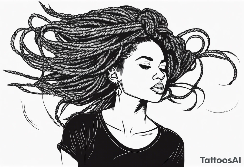 Draw a women head with real dread locks flying in the air tattoo idea