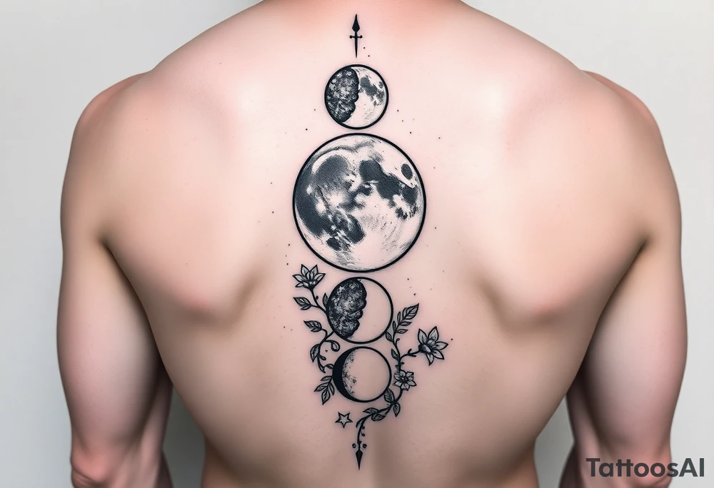 Phases of the moon down the spine details on the moon. With vines and stars and flowers along the sides down beside the phases of the moon tattoo idea