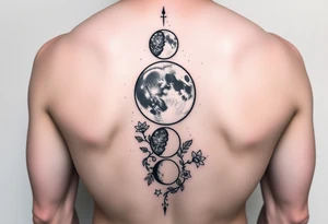 Phases of the moon down the spine details on the moon. With vines and stars and flowers along the sides down beside the phases of the moon tattoo idea