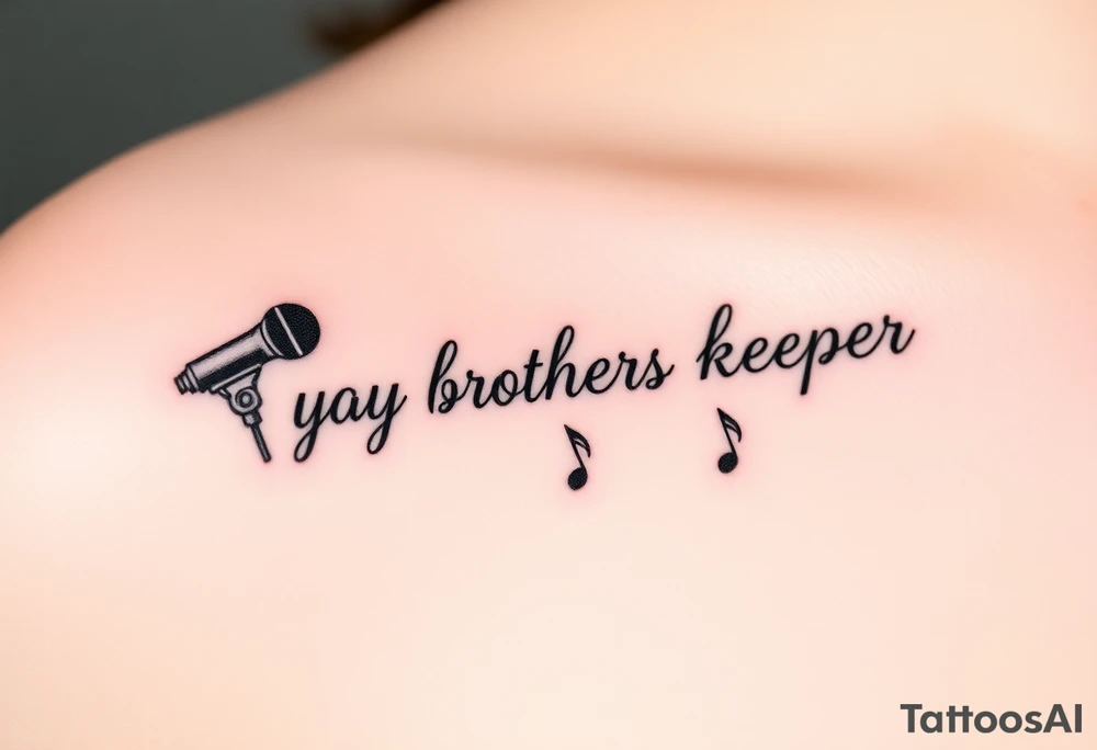 A microphone end of cord drawing the words “My brothers keeper” and music notes tattoo idea