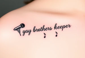 A microphone end of cord drawing the words “My brothers keeper” and music notes tattoo idea