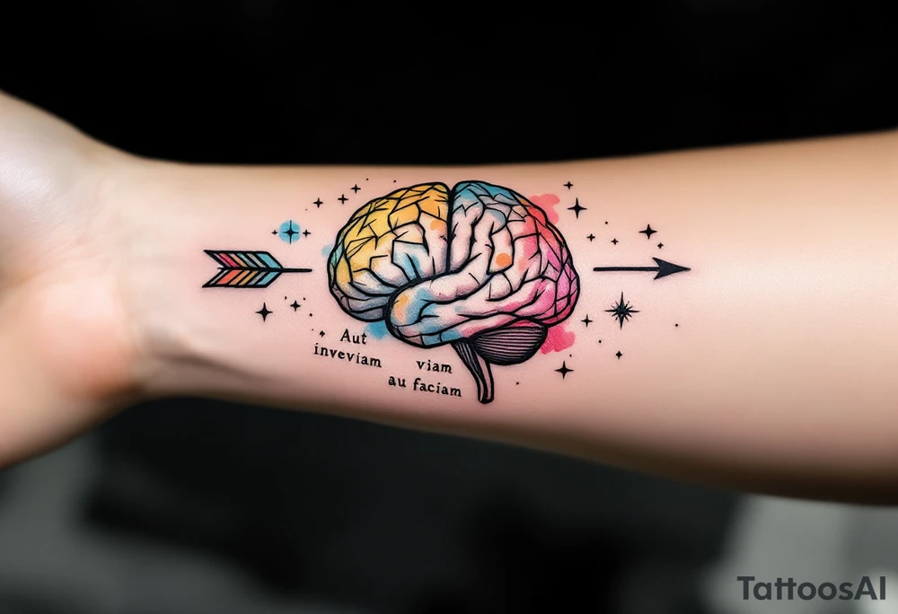 A front-seen brain in geometric and straight lines, with few watercolor details but mostly black, symbols representing intelligence, creativity and dreaming flying arround, the phrase "Aut inveniam viam aut faciam" and a detailed arrow crossing from above with watercolors leaking from its tip tattoo idea