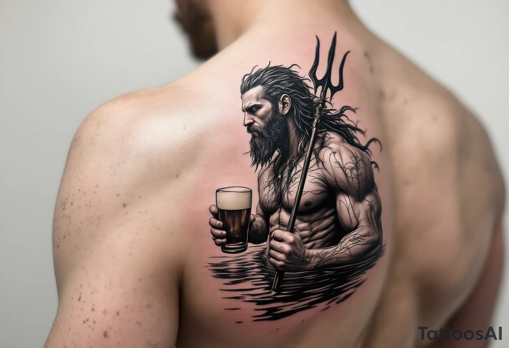 fit poseidon, with a trident, in calm water, holding a beer tattoo idea