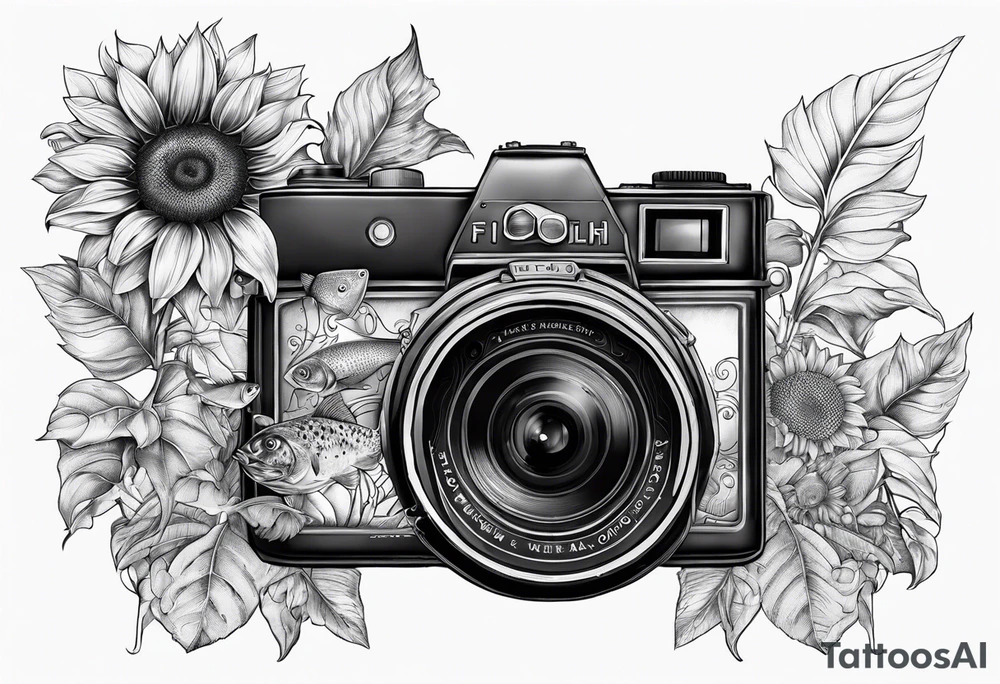 sunflower, book, camera, fish tattoo idea