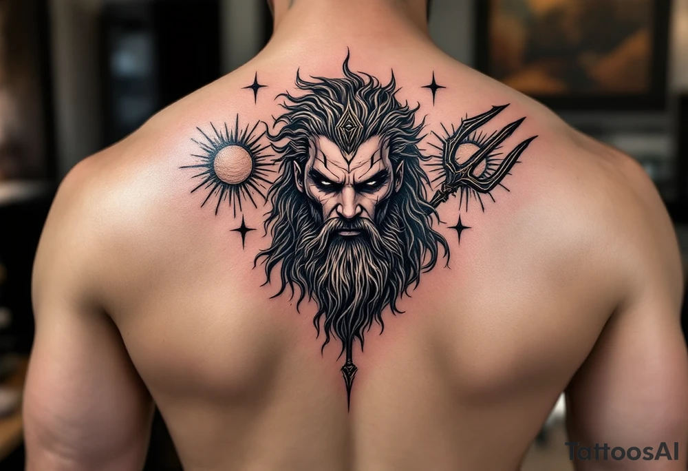 poseidon with trident and 3 suns tattoo idea