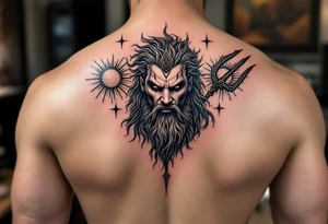 poseidon with trident and 3 suns tattoo idea