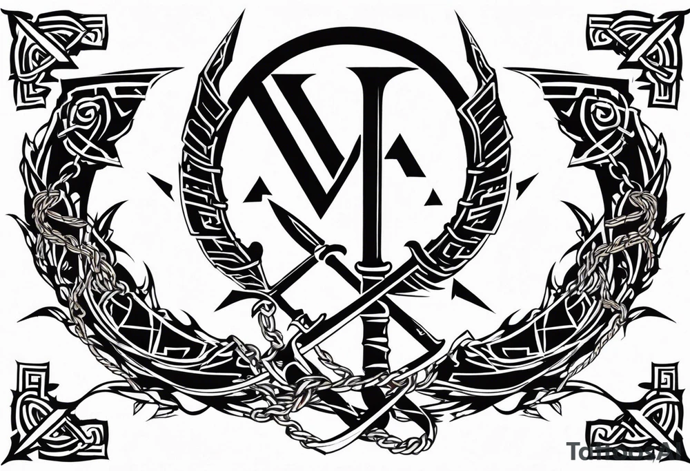 Valhalla sword shield dragon axe Valknut barbed wire chains tribal tattoo idea Valhalla sword shield dragon axe Valknut barbed wire chains tribal tattoo idea
