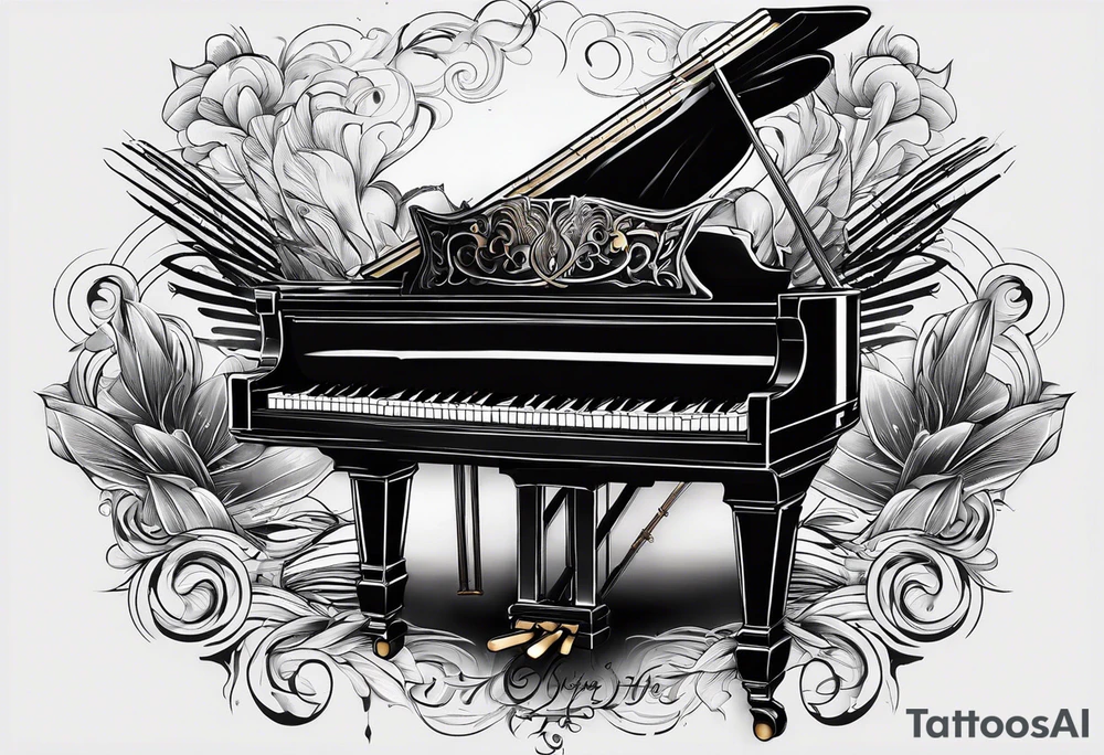 piano keys and drum sticks small on back of arm tattoo idea
