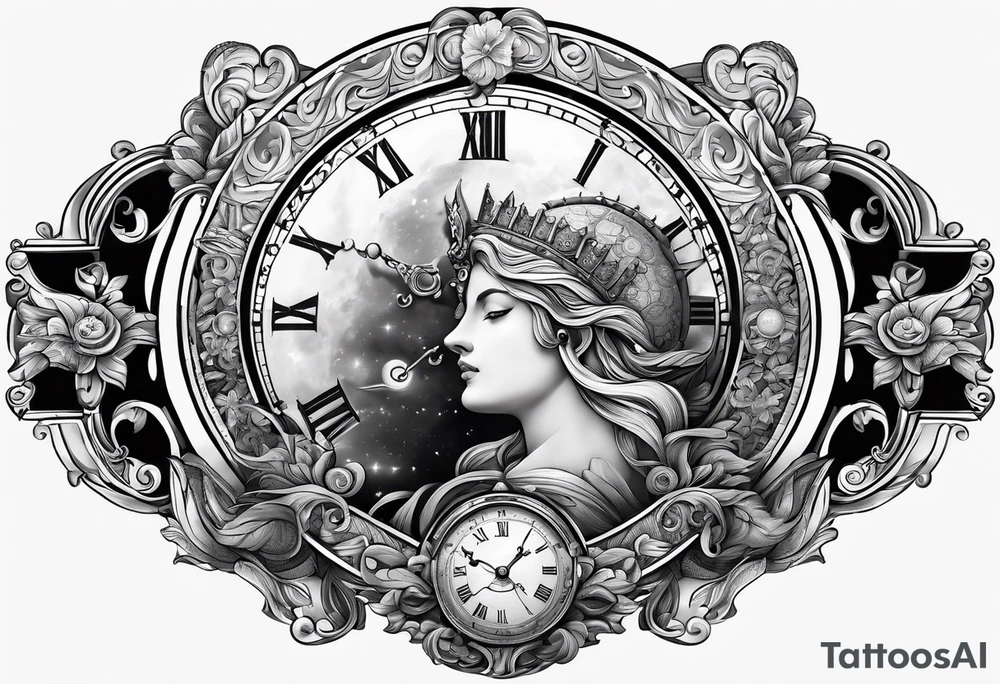 Janus, timeless clock, Aquarius, moon tattoo idea