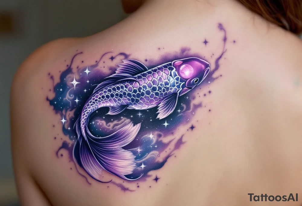 Purple Koi in Moonlight – A unique deep purple koi shimmering under a moonlit sky, with silver waves and subtle star-like sparkles around it. tattoo idea