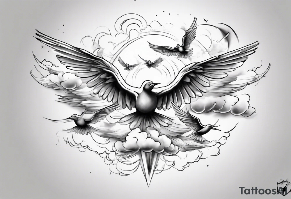 a shoulder tattoo with rays of light, clouds and birds flying free tattoo idea