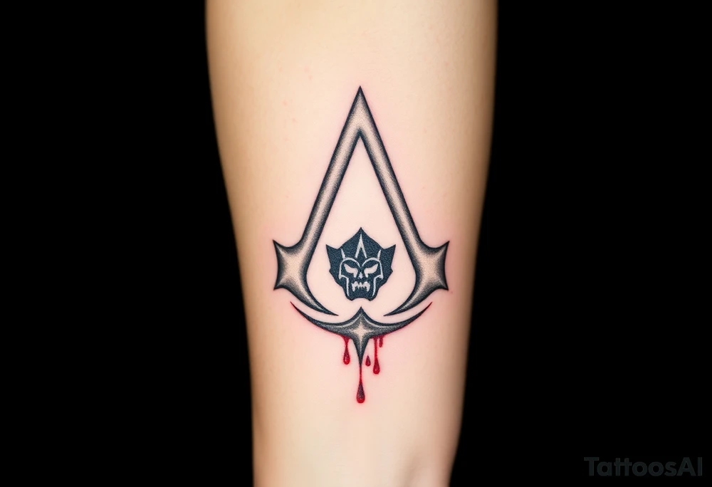 Assassins Creed emblem with Ezio inside and blood splashes incorporated into logo. tattoo idea