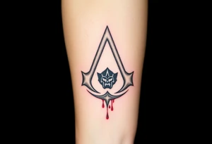 Assassins Creed emblem with Ezio inside and blood splashes incorporated into logo. tattoo idea