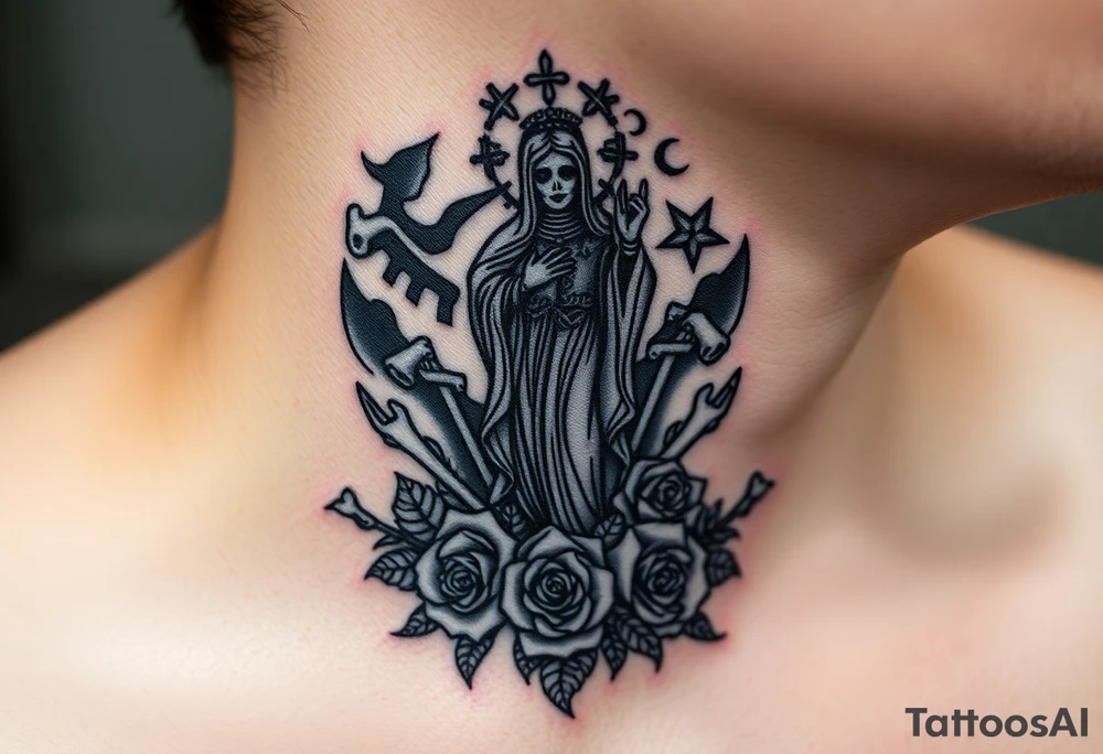 Santa muerte rising out of smoke surrounded by broken bones and roses tattoo idea