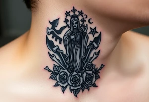 Santa muerte rising out of smoke surrounded by broken bones and roses tattoo idea