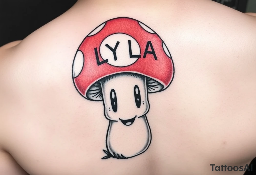 A POWERFUL AND UNIQUE MUSHROOM.. THE MUSHROOM IS PSYCHADELLIC AND GROVING A HAPPY FACE. THE MUSHROOM HAS A SIMPLE SMILING HAPPY FACE IN THE STEM. THE CAP IS LARGE AND RESEMBLES TOAD FROM MARIO. THE CAP OF THE MUSHROOM IS RED. THERE ARE WHITE SPOTS ON THE CAP OF THE MUSHROOM. LYLA IS SPELLED IN WHITE ONTO THE TOP OF THE CAP OF THE MUSHROOM. THE IDEA IS THAT THE MUSHROOM RESEMBLES A CHILD THAT IS NAMED LYLA tattoo idea