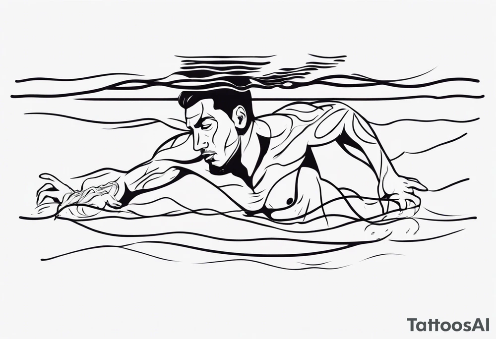 three lines mimicking water. A man horizontally crawl swimming in the water. The man is made from simple lines only tattoo idea