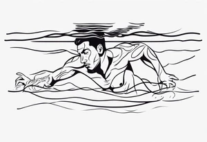 three lines mimicking water. A man horizontally crawl swimming in the water. The man is made from simple lines only tattoo idea