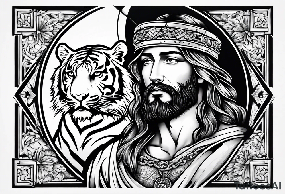 Jesus on a cross with a tiger cub walking in front tattoo idea