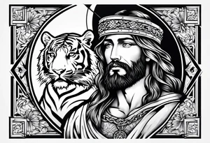Jesus on a cross with a tiger cub walking in front tattoo idea