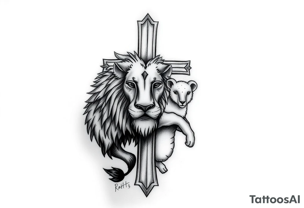 cross  with lion and the lamb background tattoo idea