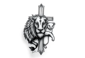 cross  with lion and the lamb background tattoo idea