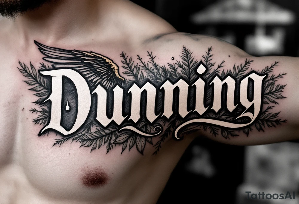 Dunning, Details include name in white color,angel wing, rain drop jungles leaves,cool font, gold highlights tattoo idea